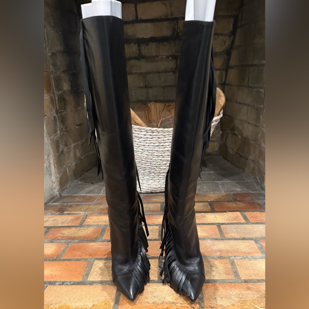 Saint Laurent Black Leather Fringe Boots